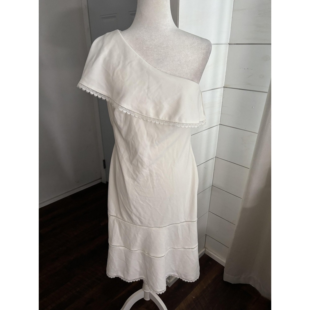 Lauren Ralph‎ Lauren Dress Womens 8 White One Shoulder Ruffle Lace Midi Sheath